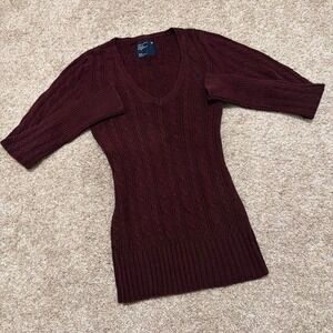 True Y2K American Eagle Outfitters Cable Knit V-Neck Sweater | Burgundy | Medium